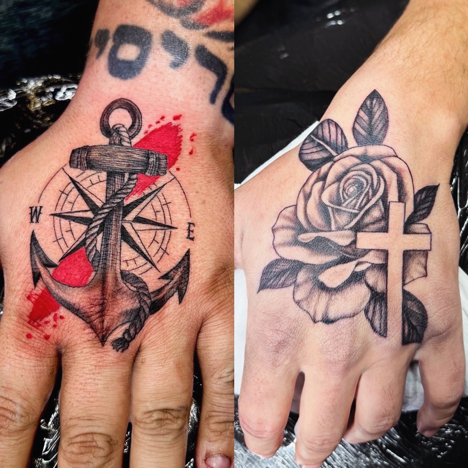 Two hand tattoos: an anchor and compass with red accents, and a shaded rose with a cross. Tattoo work by Joseph Rojas.
